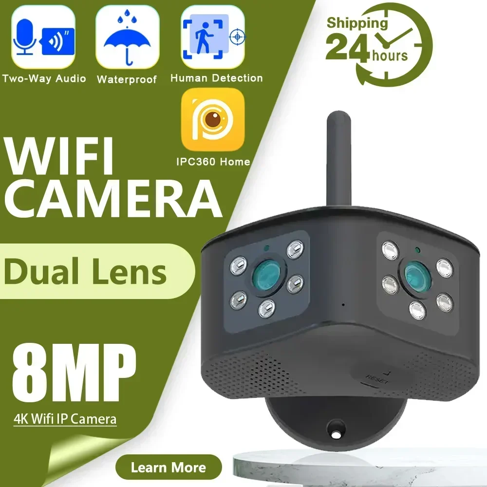 

Outdoor 4K 8MP 180° Ultra Wide View Angle Panoramic WIFI Dual Lens Fixed IP Camera AI Human Detection Security Camera IPC360