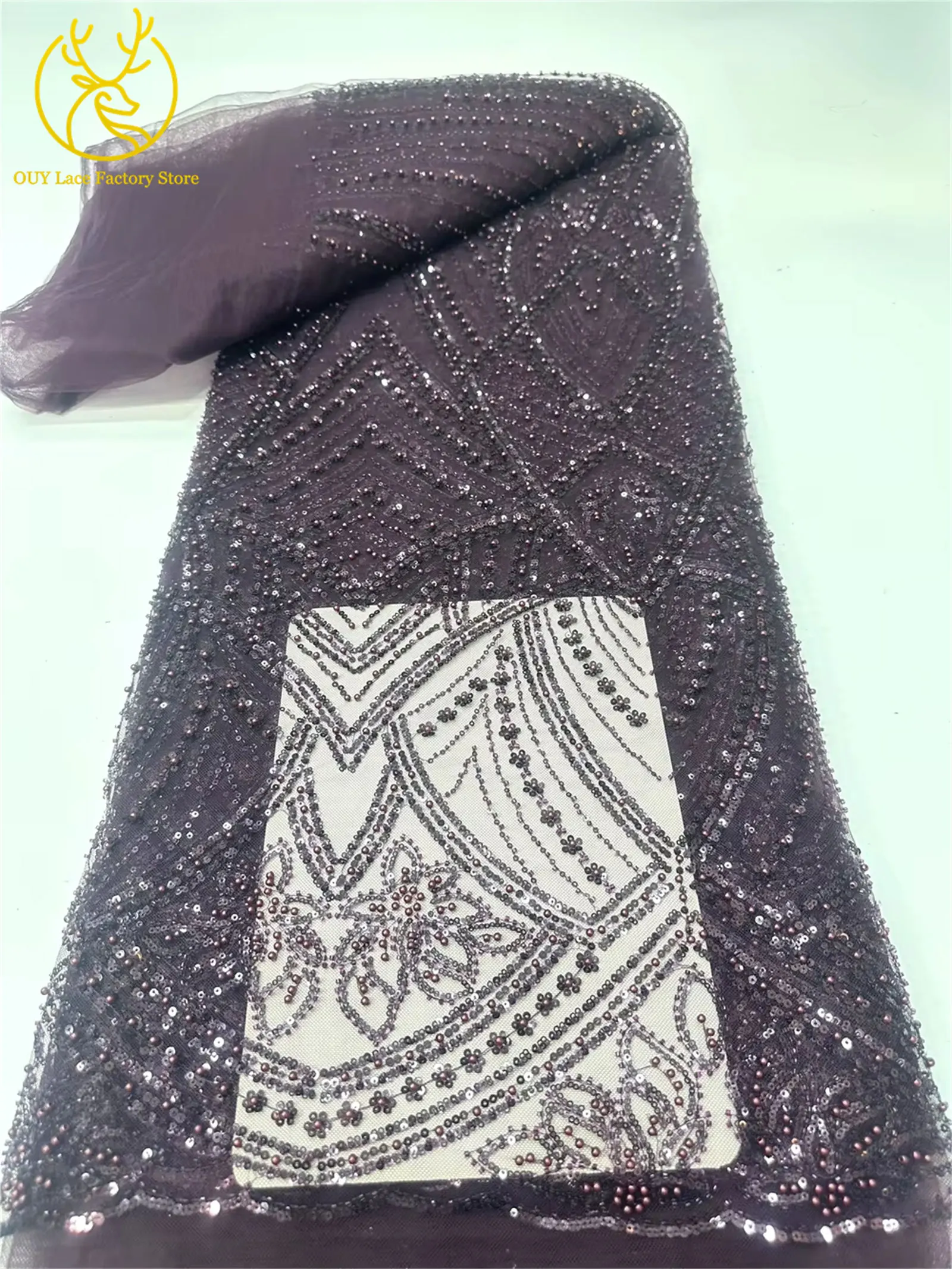 Luxuriöser orangefarbener afrikanischer Perlen-Mesh-Spitzenstoff, 5 Yards, bestickte Pailletten-Spitze, französische Tüllspitze für nigerianisches Hochzeitskleid – Detail 22