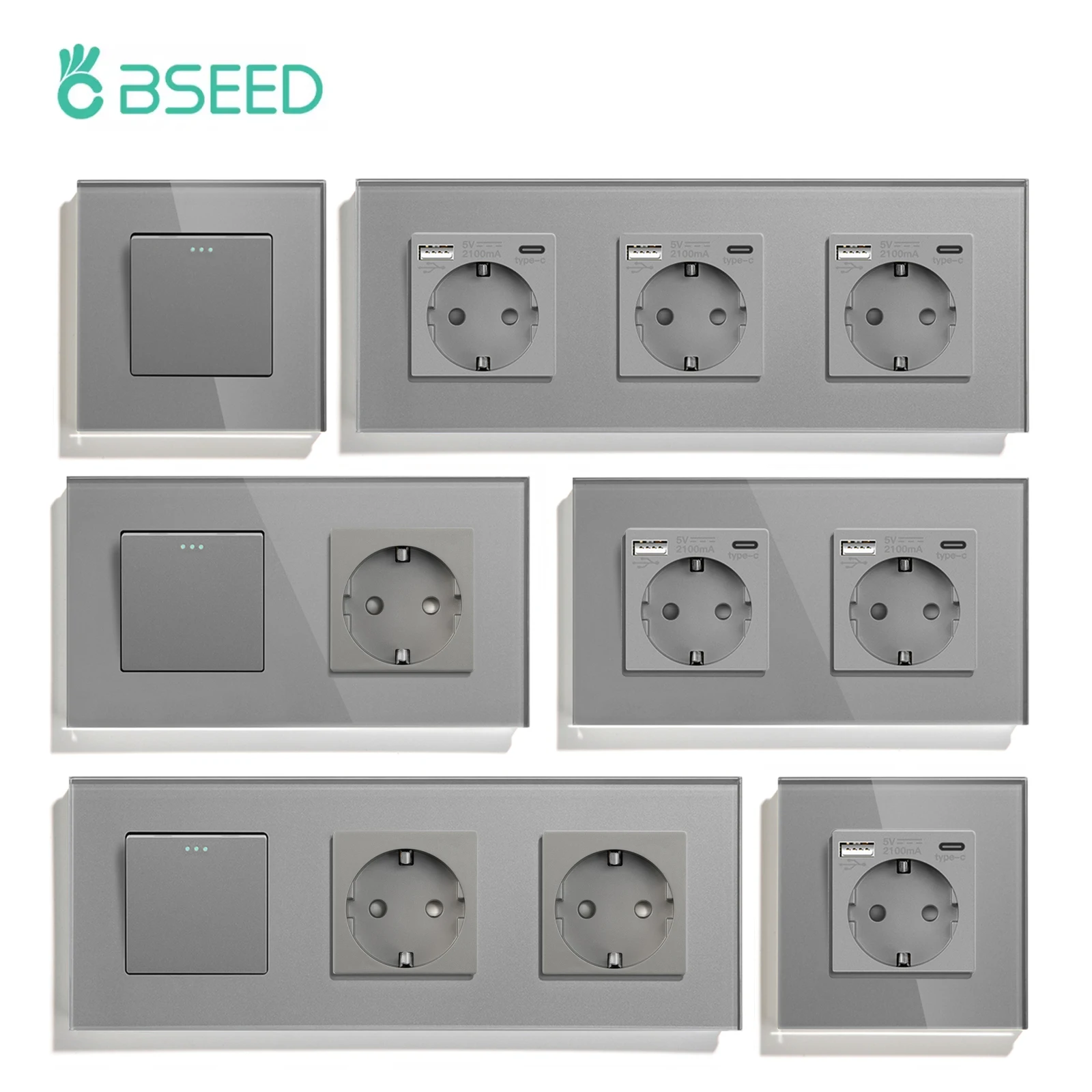 BSEED 1/2/3Gang Mechanical Light Switches 1Way Plus Wall Socket Type-c USB Power Outlets Crystal Glass Frame EU Standard Gray