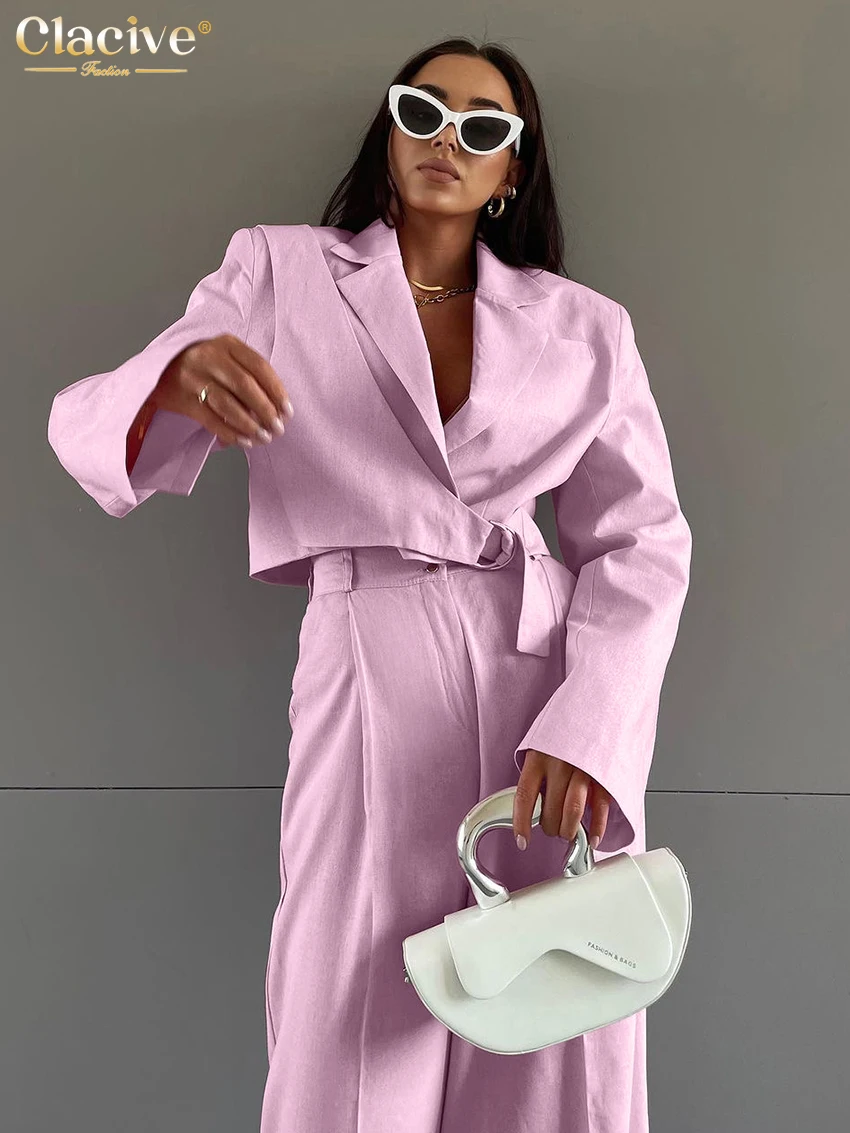 Clacive Fashion Loose Pink Linen 2 Piece Sets Women Outfit 2024 Elegant Long Sleeve Lace-Up Top With High Waist Wide Pants Set