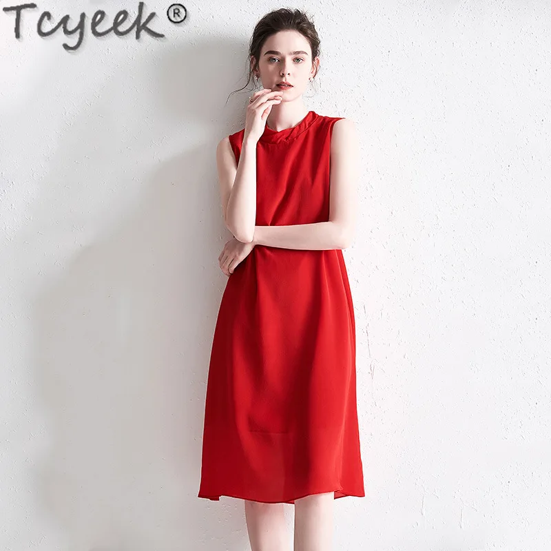 Tcyeek 100% abito longuette in vera seta di gelso 2024 abito donna Chic ed elegante abiti rossi senza maniche per abiti estivi da donna