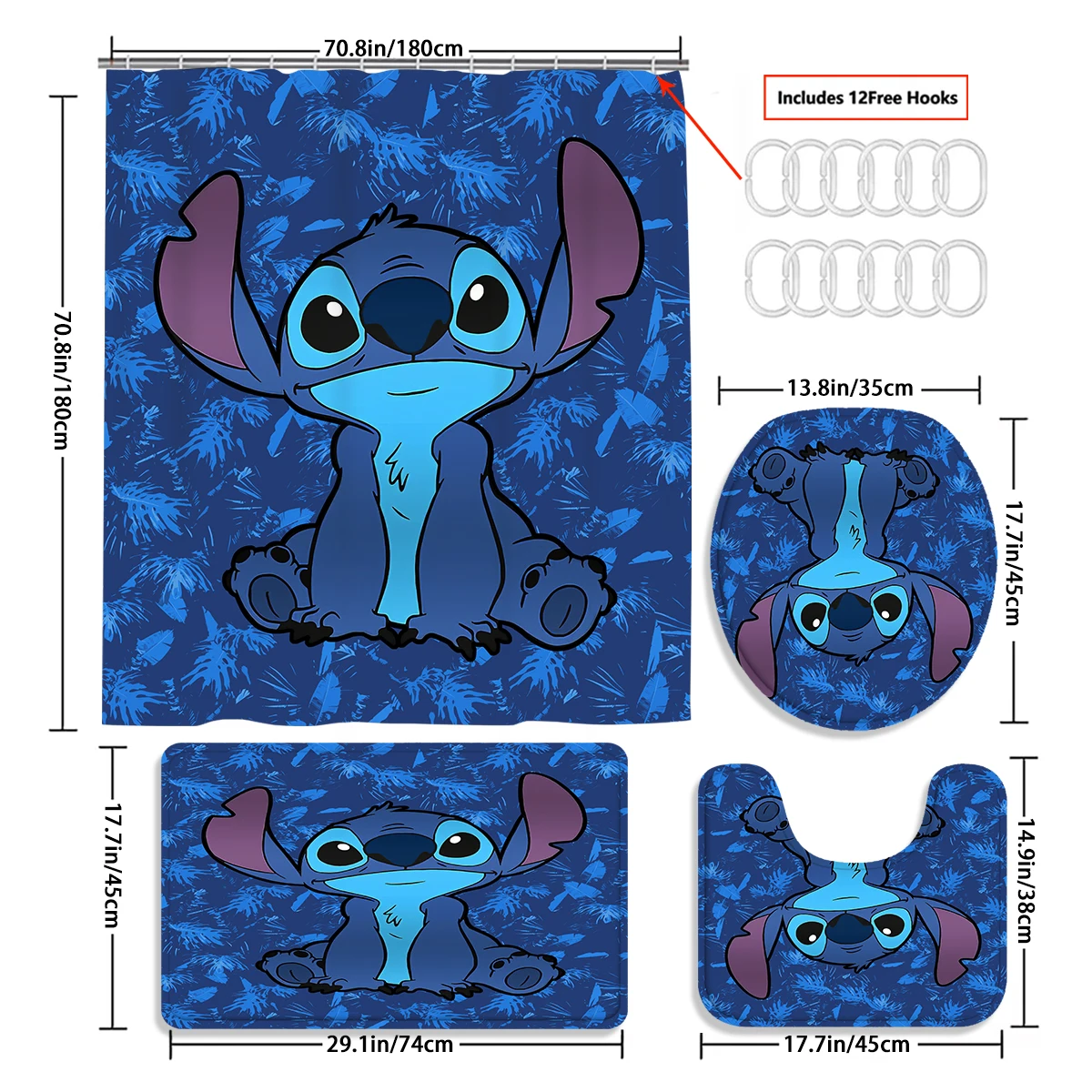 1/4PC MINISO Rainforest Blue Cartoon shower curtain set waterproof shower curtain and waterproof and anti-slip,12 hooks included