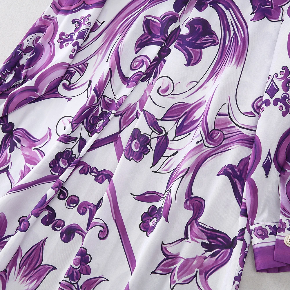 فستان نسائي بفتحة طويلة الأكمام وياقة مقلوبة قميص فضفاض تنورة طويلة موضة طباعة رداء نحيف عالي الخصر فستان واحد الصدر #6