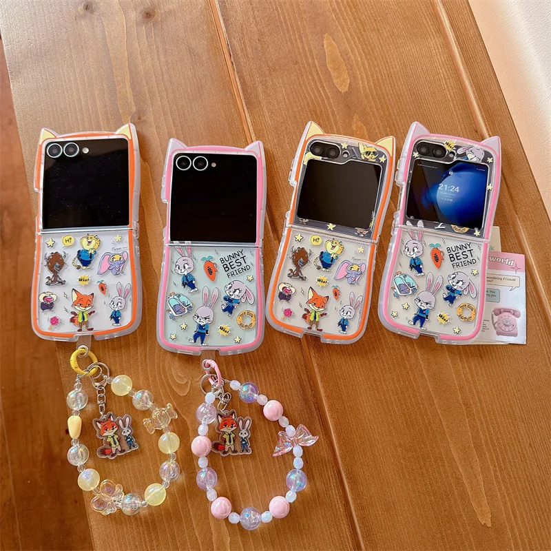 Kawaii Zootopia Nick Judy Cat Ear Glitter Clear Phone Case With Beaded Lanyard For Samsung Z Flip 3 4 5 6 7 Cute Shockproof Cove