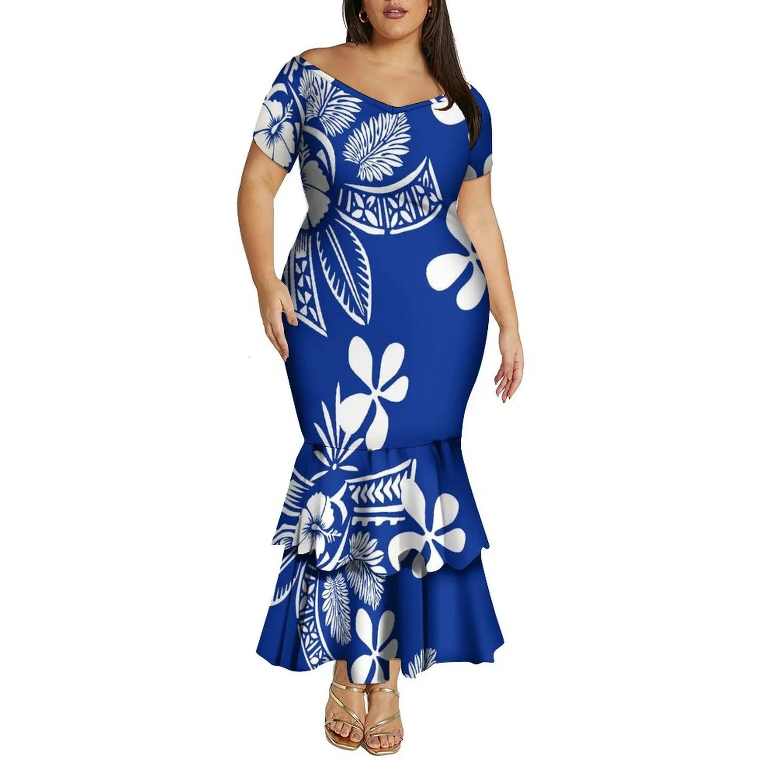 Vestido de verão confortável e macio com decote em V fora do ombro vestido rabo de peixe de camada dupla feito sob medida para mulheres polinesias