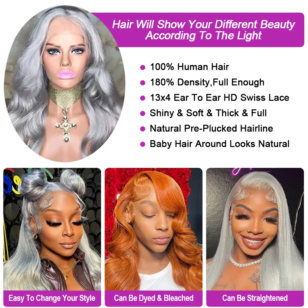 40 pulgadas gris plateado recto 13x6 HD pelucas delanteras de encaje cabello humano brasileño 13x4 pelucas frontales de encaje de color para mujeres 250% de densidad