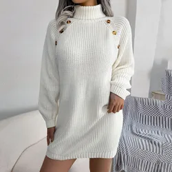 Womens Fashion Casual Long Sleeve Solid Knit Turtleneck Long Puff Sleeve Ribbed Knit Short Dress Sweater Sweater Mini Dress