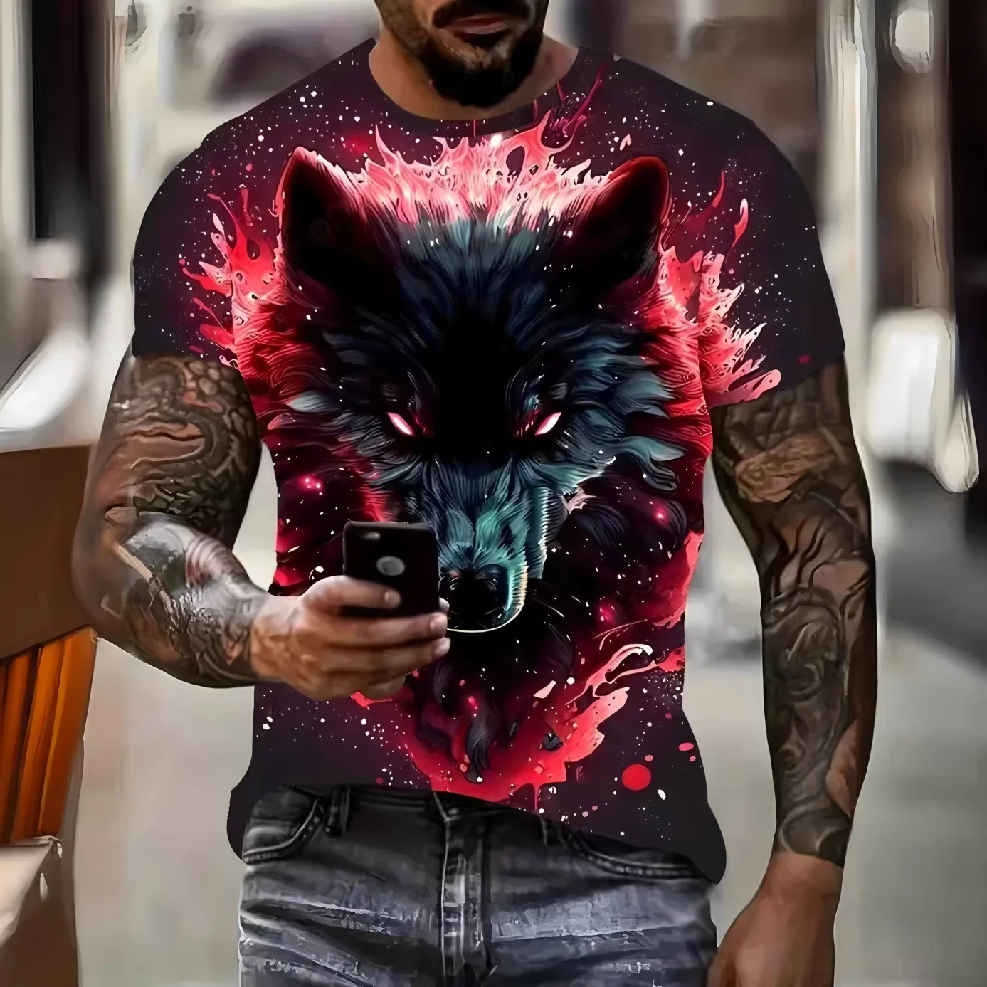 Funny 3D Wolf Print T Shirt For Men Hip Hop Trend Harajuku Streetwear Casual O-neck Short Sleeve Loose Tops Fashion y2k Clothes view 4