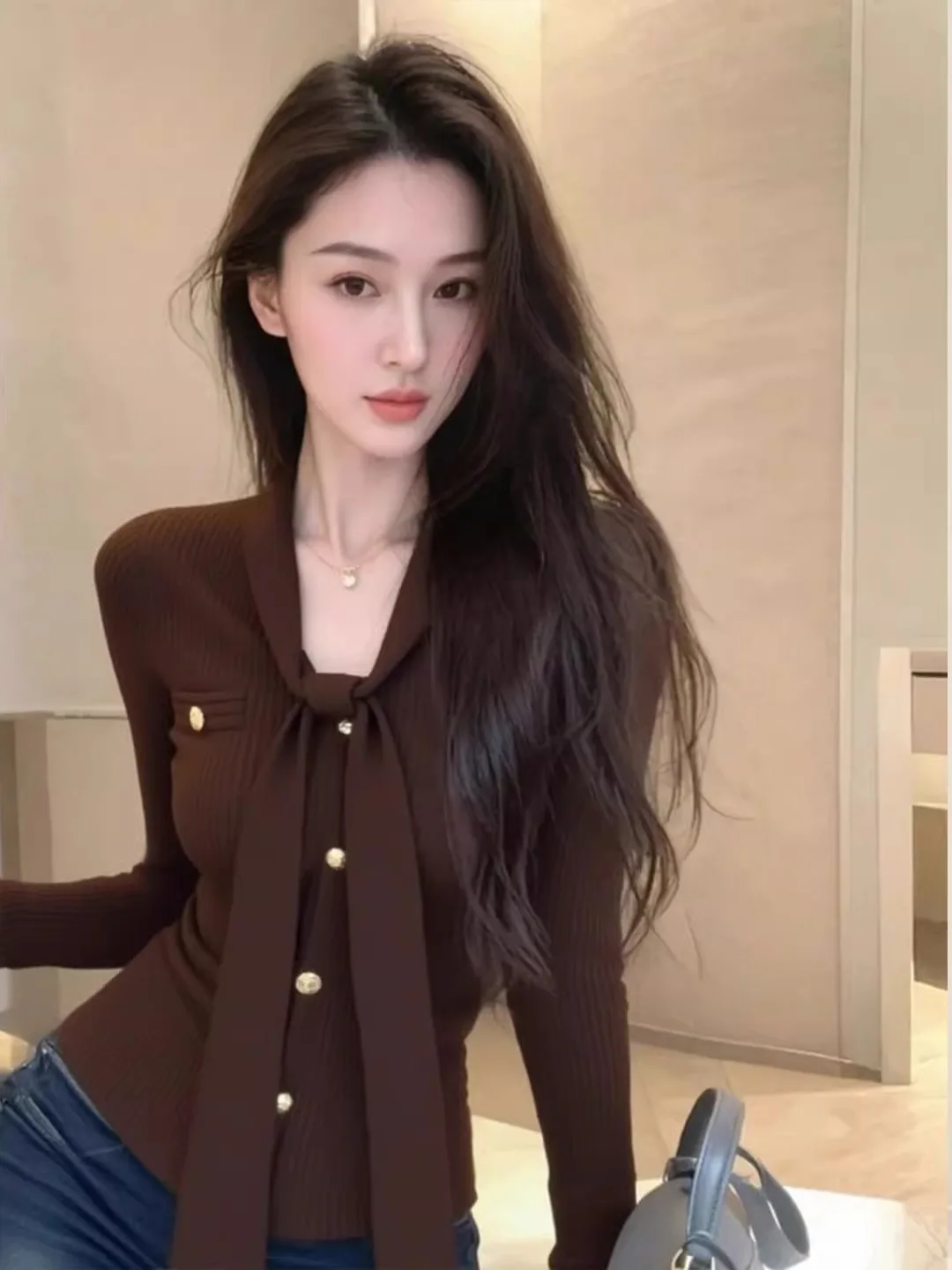 

American Style Vintage Coffee Color Waist-Cinching Long Sleeve Top Autumn Winter Pure Desire V-neck Knitted Sweater Women