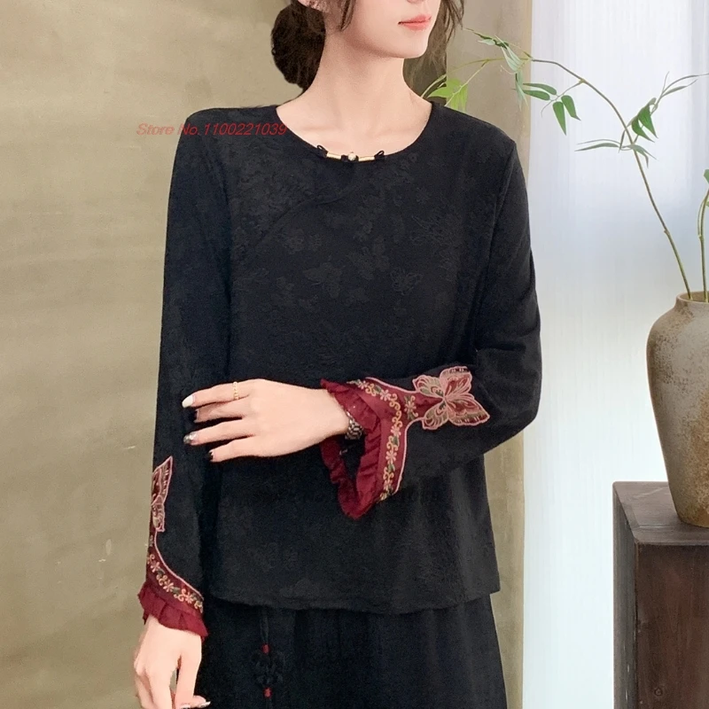 

2025 г., народная рубашка с национальной цветочной вышивкой и круглым вырезом, ретро топы ханьфу, этническая жаккардовая винтажная рубашка, традиционная этническая базовая рубашка