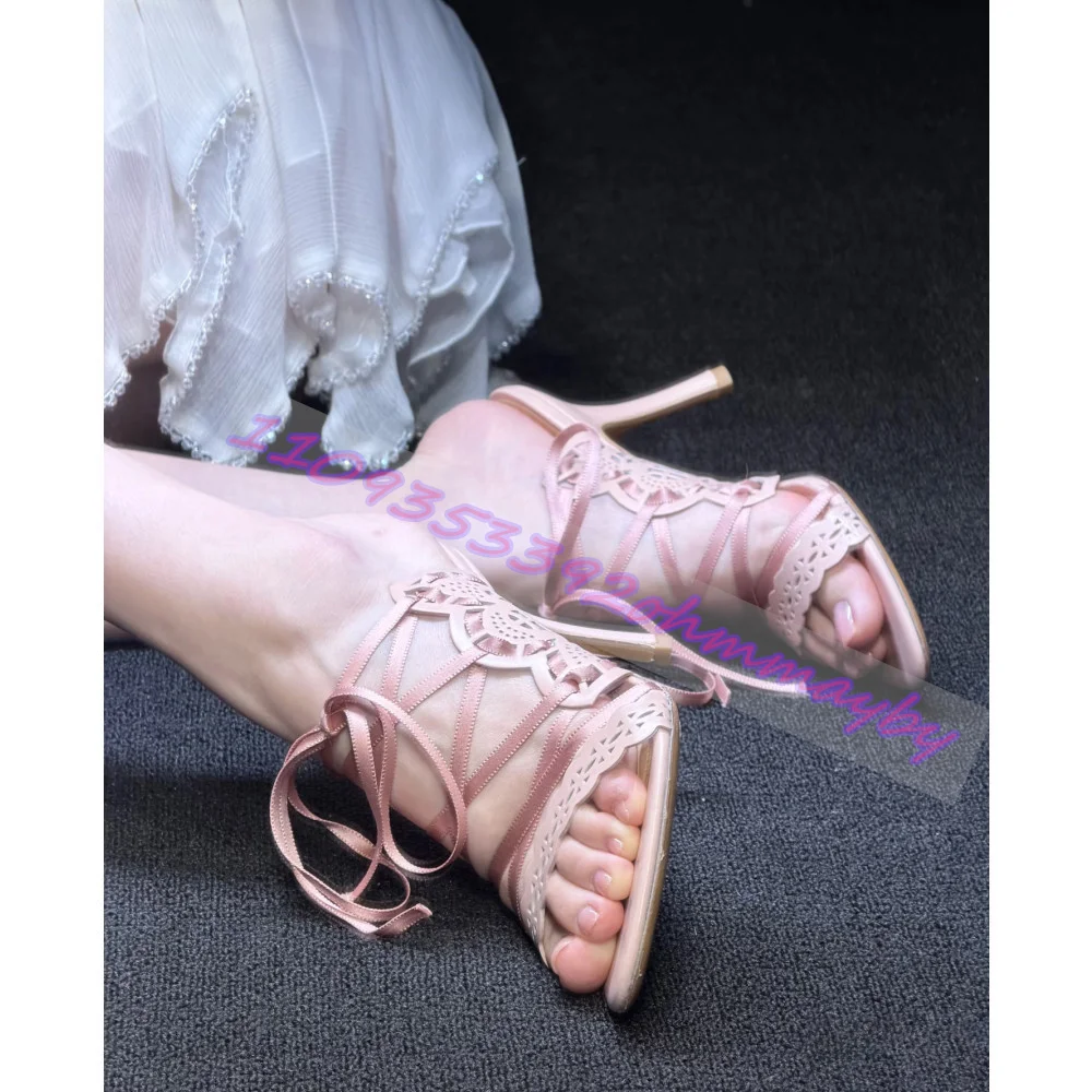 Summer Pink Openwork Satin High Heels For Women Sweet Cross-Strap Peep-Toe Shoes Fashionable Wedding Party Stiletto Sandals