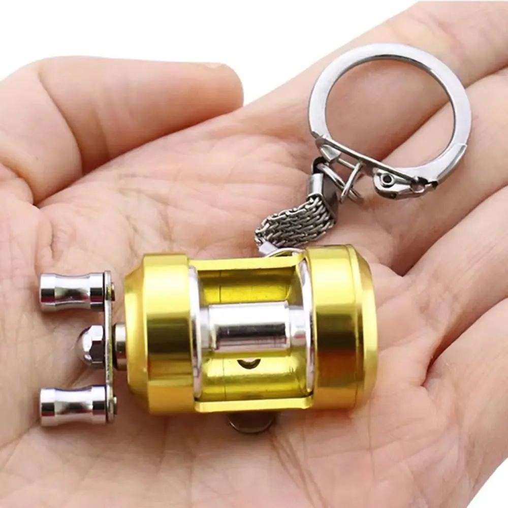 Golden Silver Fish Wheel Keychain Bag Decoration Miniature Fly Reel Keyring Hanging Oranment Metal Spinning Reel Pendant