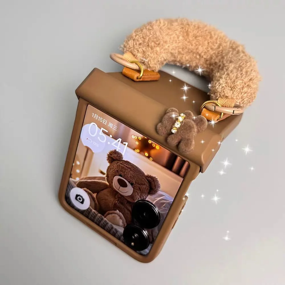 

For Xiaomi Mix flip Case Cute Phone Case with Cartoon Bear fluffy Handle Brown Cartoon Cover