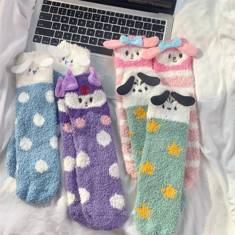 Kawaii Cute Sanrio My Melody Kuromi Cinnamoroll Socks Women Floor Socks Coral Velvet Sweat Absorption Socks Keep Warm Girls Gift