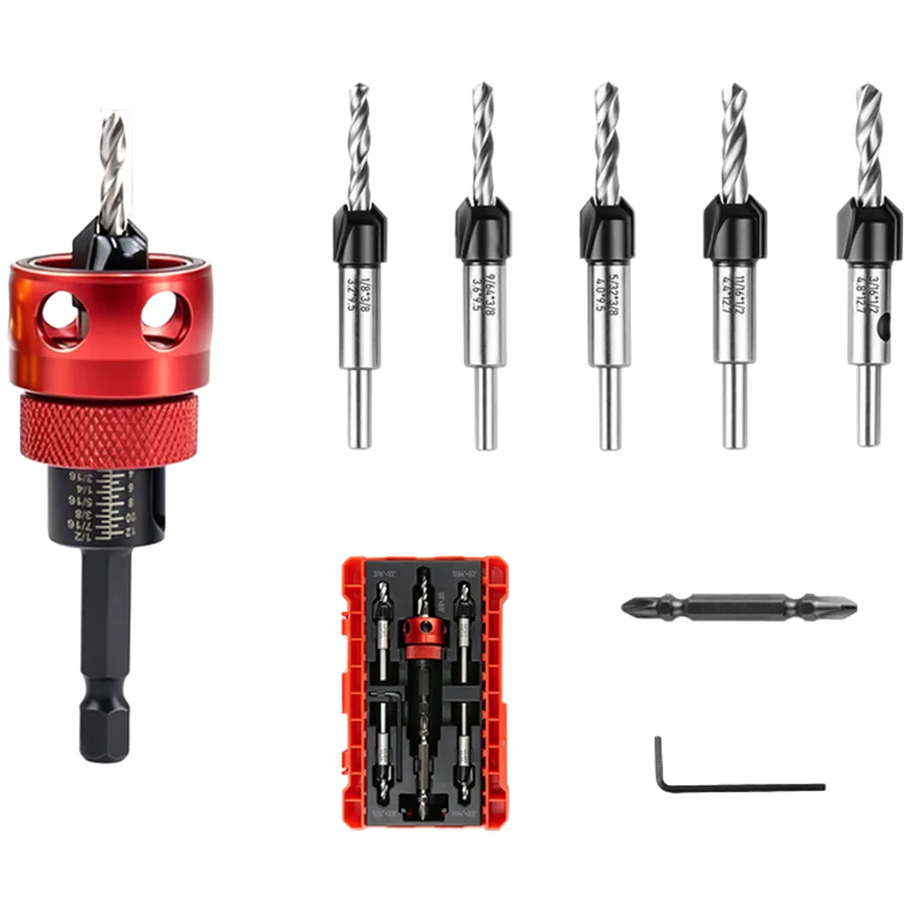 5‑Piece Hard Alloy Countersink Drill Bit Kit, Adjustable Depth Chamfer Cutting Tool For Accurate Metal & Wood Drilling