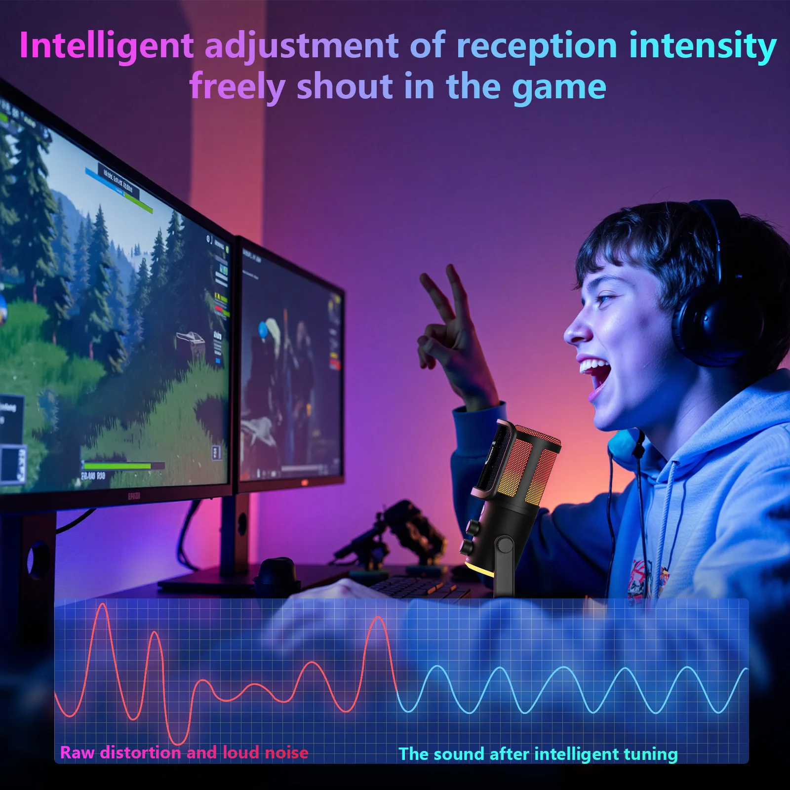 USB/XLR Dynamic Microphone for Podcast Recording, PC Computer Gaming Streaming Mic with RGB Light, Mute Button, Headphones Jack