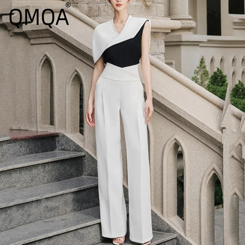 QMQA Fashion Women's 2 Pcs Set V-neck Sleeveless Contrast Color Asymmetric Tops High Waist Wide Leg Pants Sets Female New 1A677