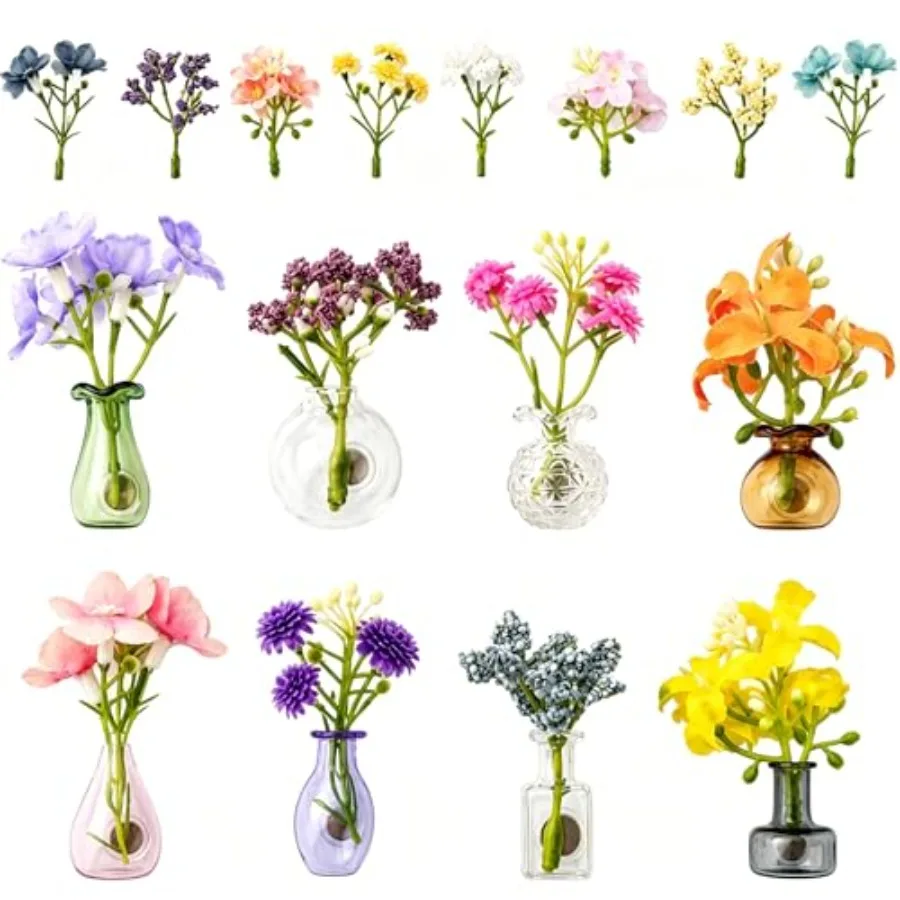 

8PCS Mini Vase Magnets for Fridge with 16PCS Mini Artificial Flowers, Glass Flower Vase Refrigerator Magnets for Office and Kit