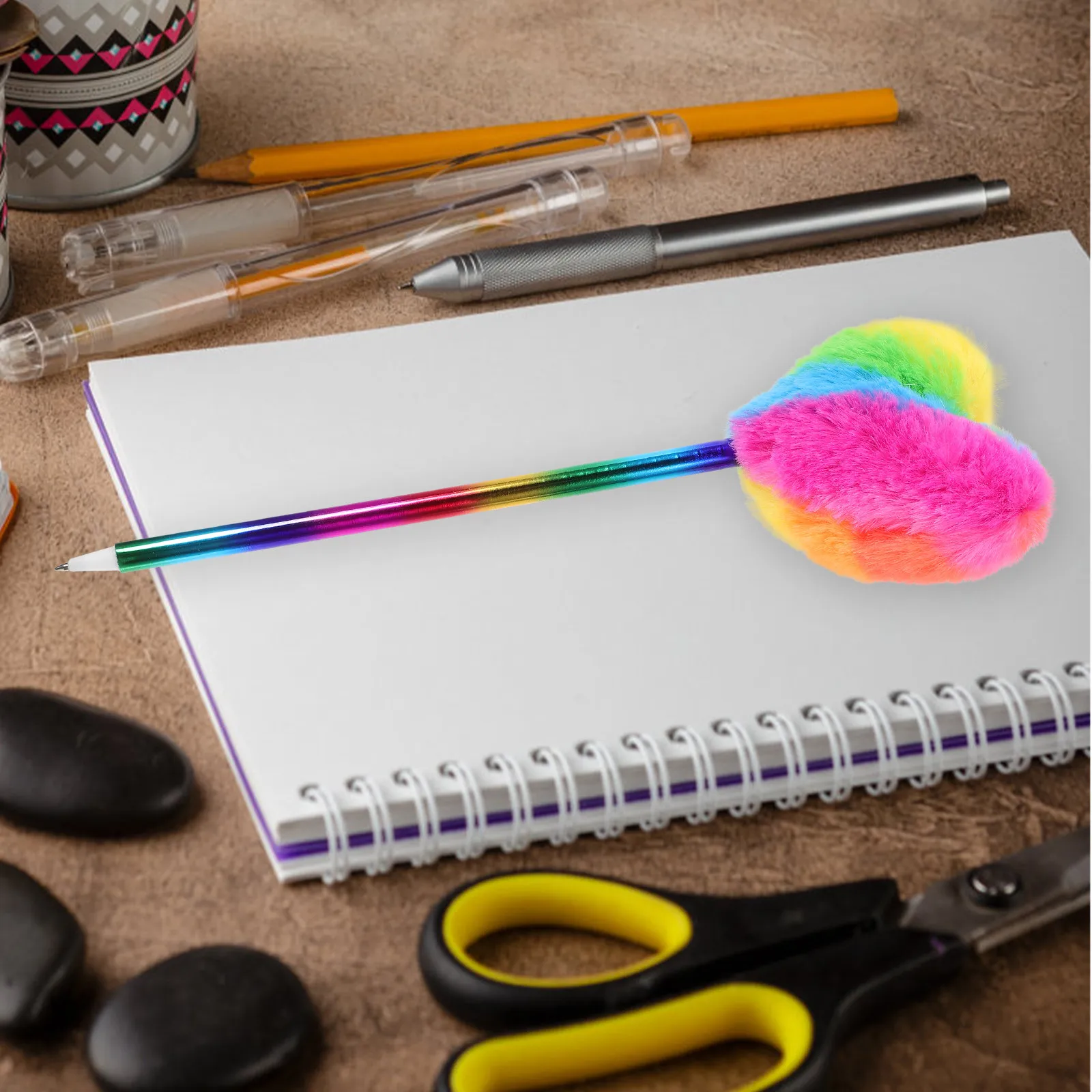 6Pcs Cute Desk Decor Heart Pom Ballpoint Pen Cheerful Design Smooth Ink Ergonomic Grip Study Office Drawing