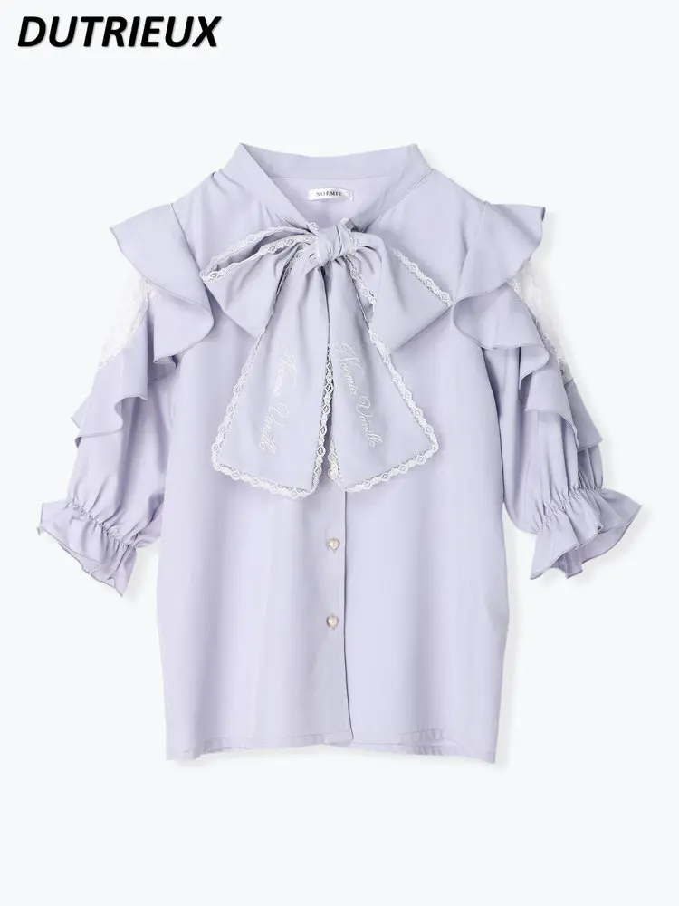 2023 Summer Women's Blouse Tops Embroidered Lace Shoulder Casual Blouse Female Tied Cute Sweet Japanese Style Short Sleeve Shirt