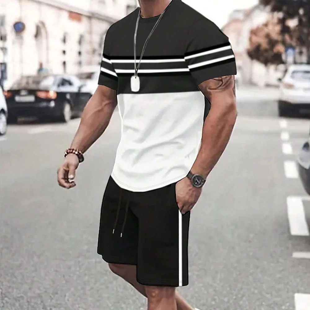 Simply Style White & Black Printed Short-Sleeved T-Shirt Set Fashion Drawstring Waist Shorts Suits Sportswear Summer Plus Size