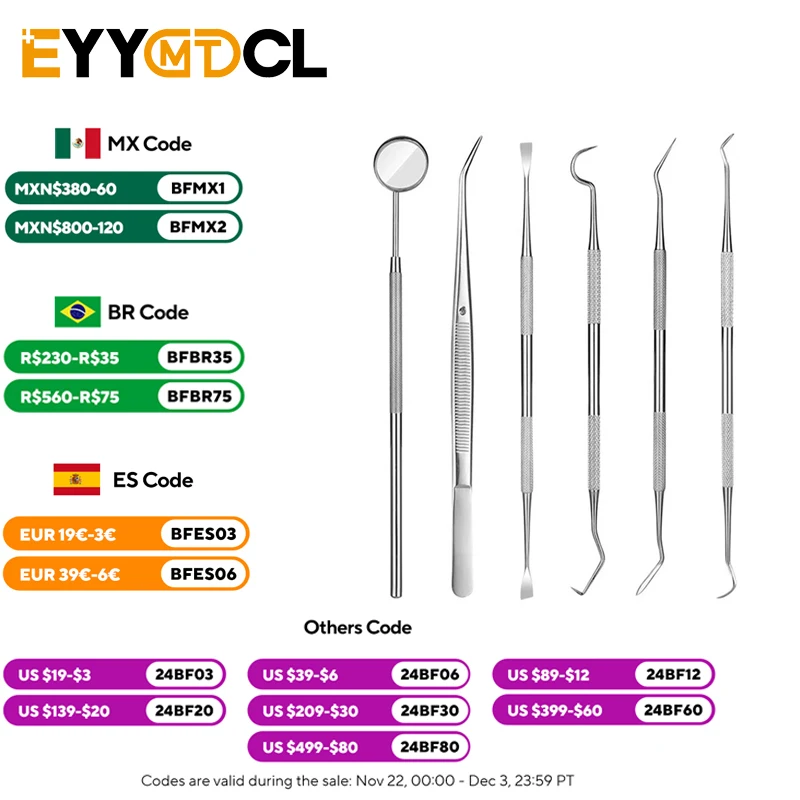 

Dental Teeth Cleaning Tool Kit Oral Mirror Forceps Calculus Scraper 6pcs Stainless Steel Silver Dental Instruments