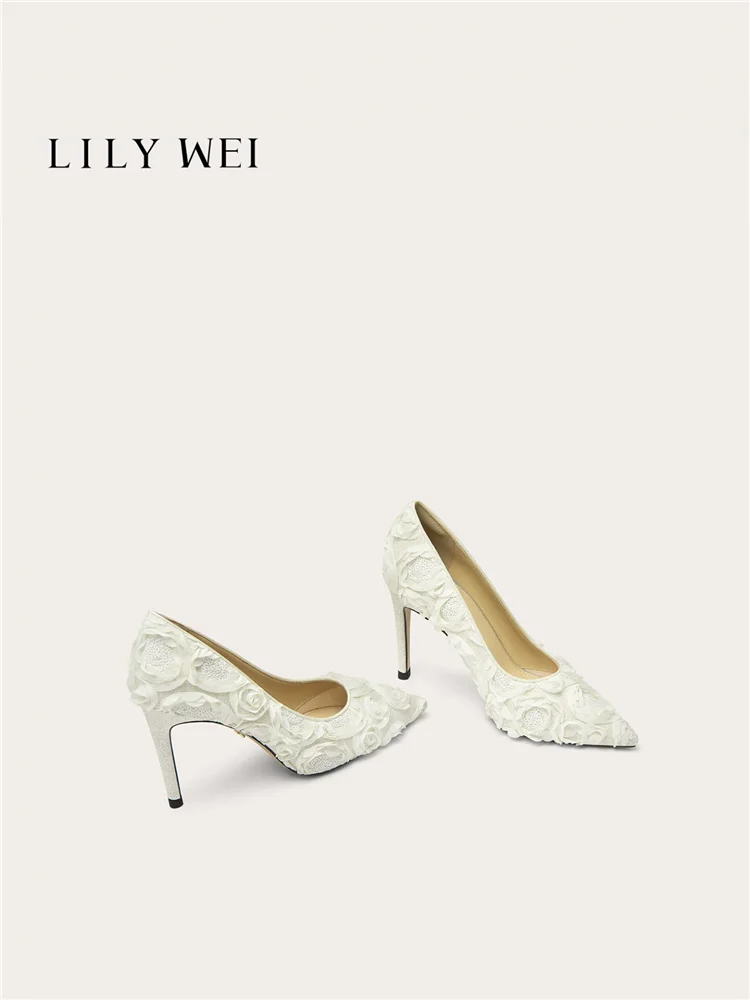 Spring new pointed shallow mouth lace rose glitter wedding shoes, banquet big size small size slim high-heeled women's shoes