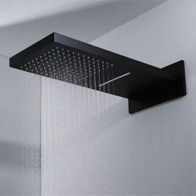 HIDEEP Brass Matte Black Wall Mounted Rain&Waterfall Shower Head Hot&Cold Water Bathroom Faucet Set view 3