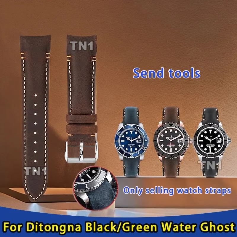 Tali jam tangan kulit sapi untuk Rolex hitam hijau banteng Daytona Tudor Omega aster 300 jam tangan kulit kuda gila antik tali jam 20mm