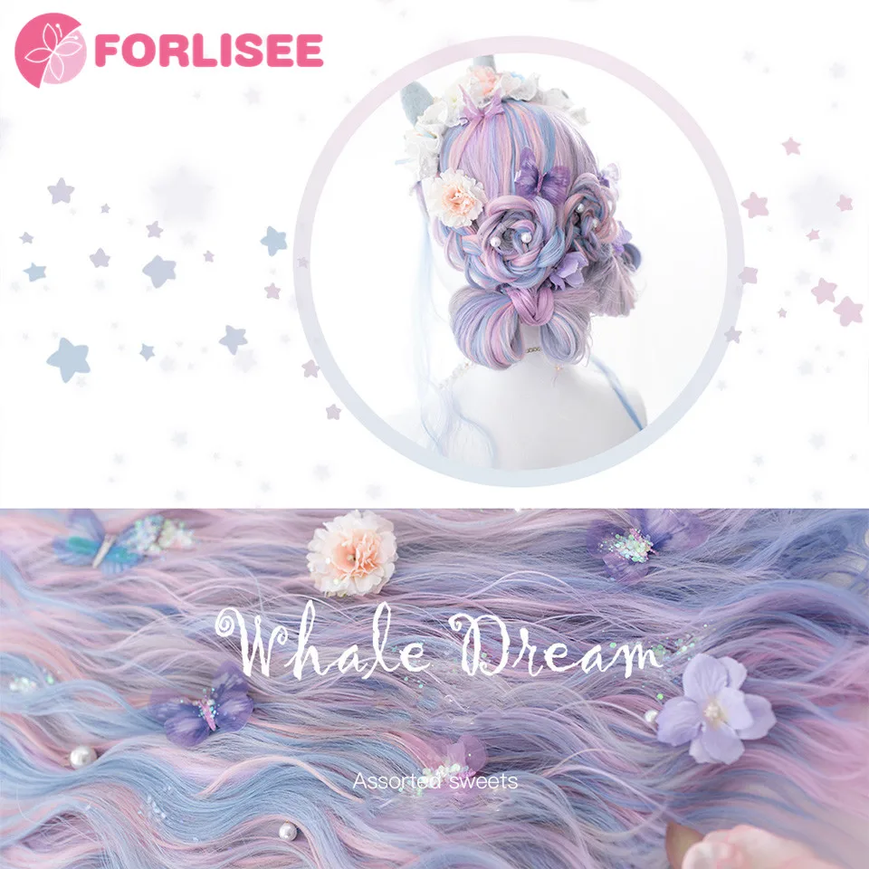 FOR Long Wavy Curly Synthetic Colorful Lolita Cosplay Harajuku Wigs for Women Natural Wave Pink Purple Blue Wigs with Bangs