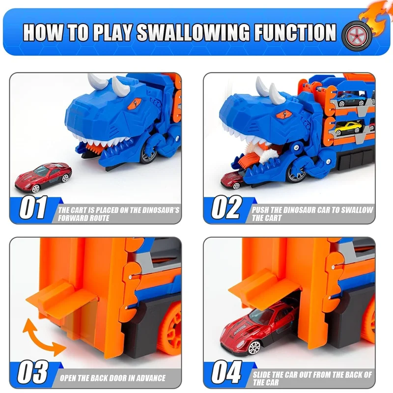 شاحنة نقل ديناصور جديدة مع 12 سيارة سباق مصبوبة، تحويل سيارة الديناصور إلى هدايا تيرانوصور واقفة للأطفال