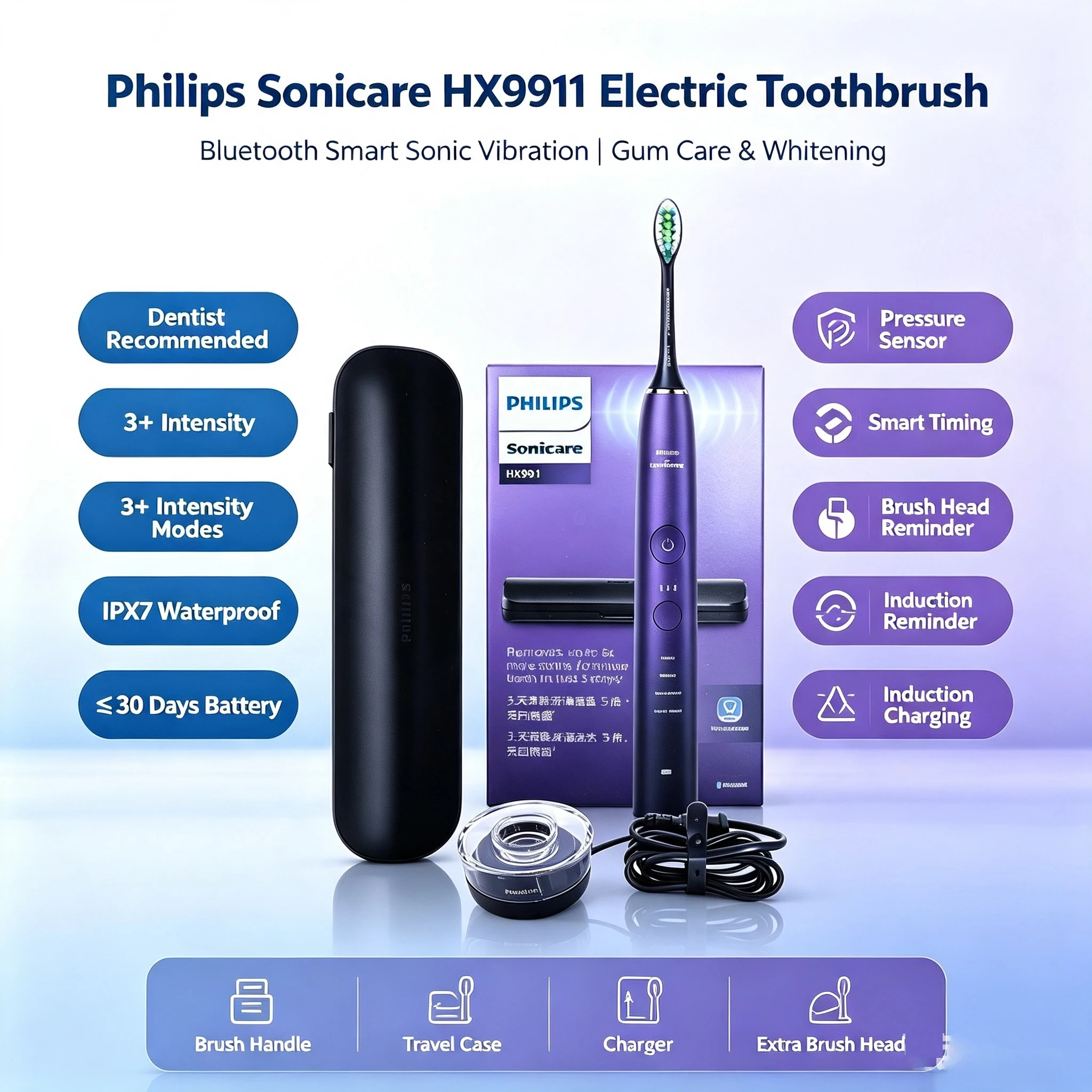 Philips Sonicare HX9911 Sonic Electric Toothbrush Bluetooth Pressure Sensor IPX7 Waterproof Adult Rechargeable Toothbrush