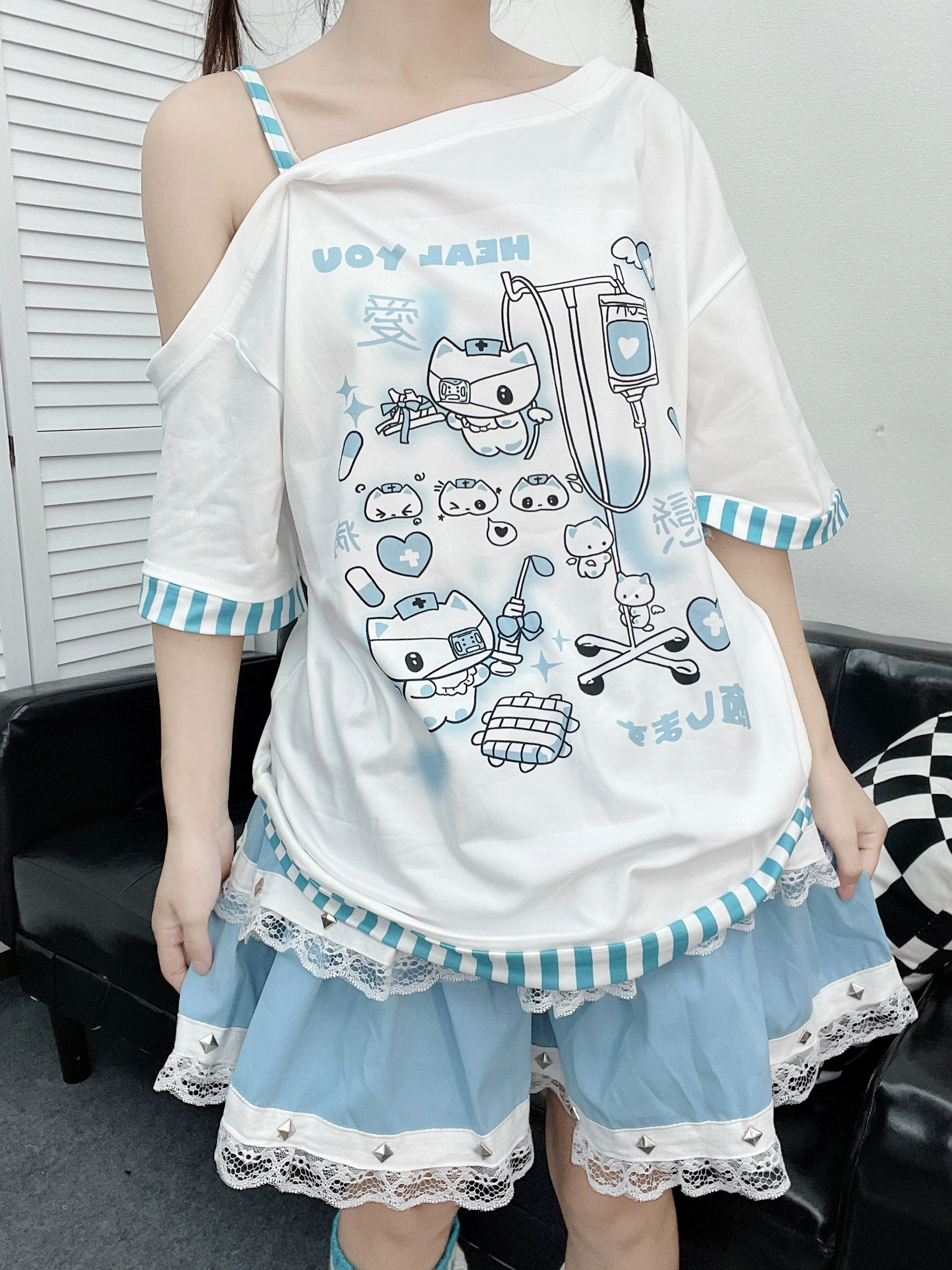 Gotyckie T-shirty Y2k Harajuku damskie japońska moda patchworkowe Kawaii słodkie koszulki w nadruk kreskówkowy paski miękkie styl dla dziewczyn