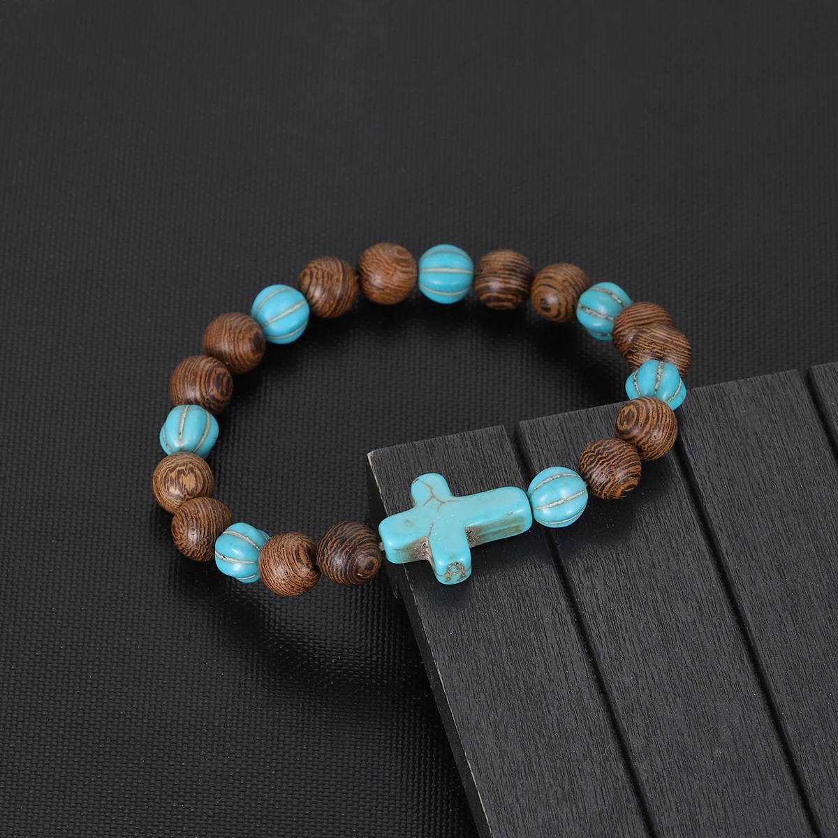 New Natural Turquoises Cross Bracelet Homme Femme Handmade 8mm Wooden Beads Women Prayer Charm Bracelets Jewelry Gift