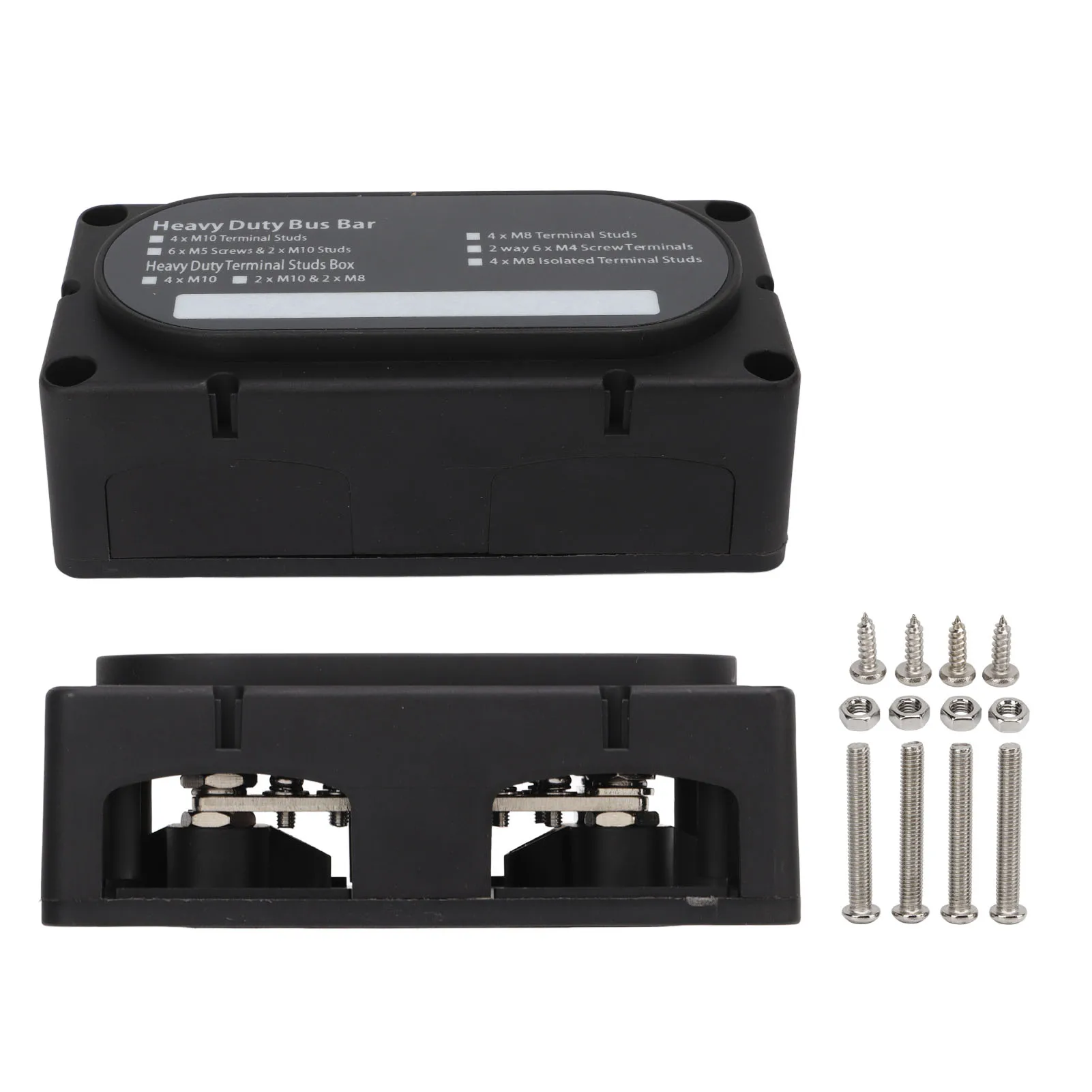 

Блок распределения мощности для тяжелых условий эксплуатации, 100 А, 48 В постоянного тока — 4-контактная коробка с двумя шинами для автофургонов, лодок, яхт (модель M)