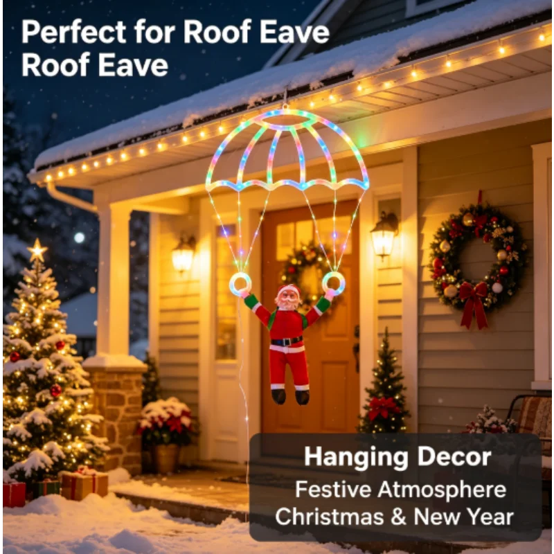 LED Christmas Parachute Lights with Santa Claus Usb Powered for Roof Eave Balcony Garden Christmas Festival Atmosphere Decor ﻿