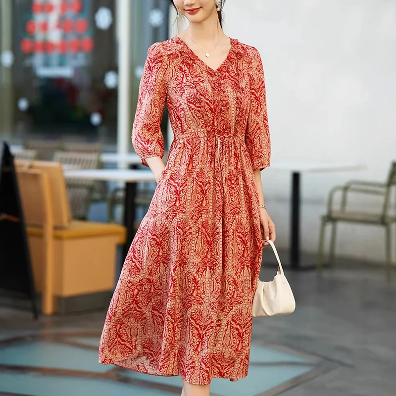 Luxury 100% Real Silk Vintage Dresses for Women Summer 2026 Elegant V-neck Women's Print Dress A-line Holiday Long Dress