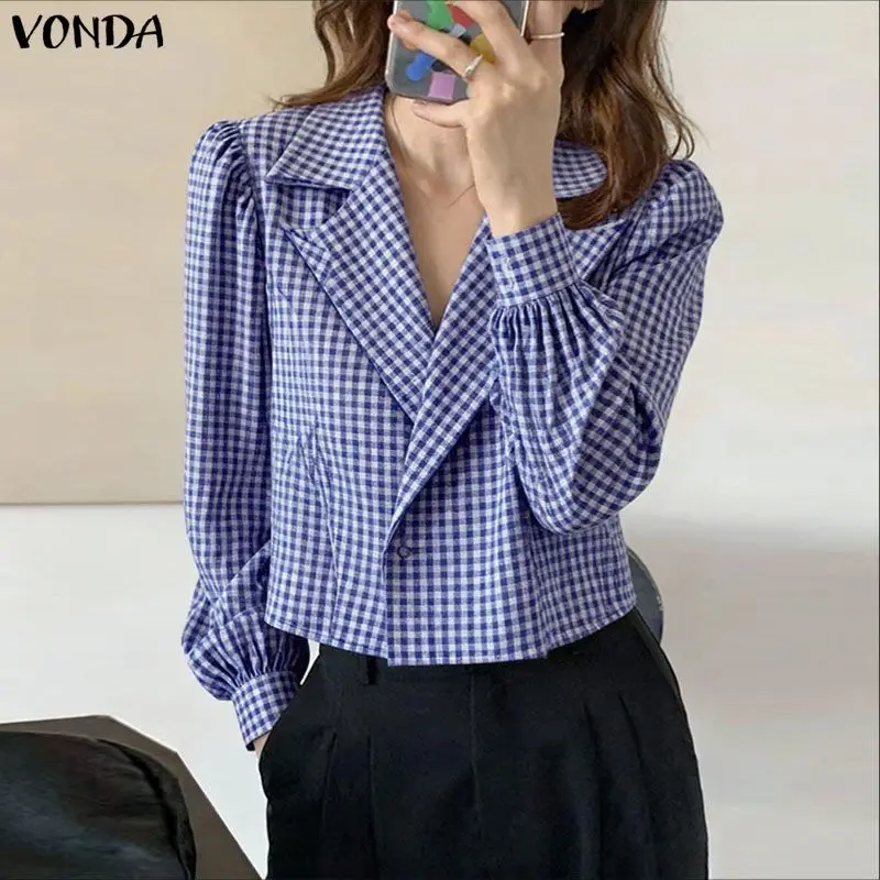 VONDA Elegante Büro Dame Mode Shirts Frauen Langarm Plaid Bluse Herbst Beiläufige Lose Vintage Print Blusas Tops Femininas