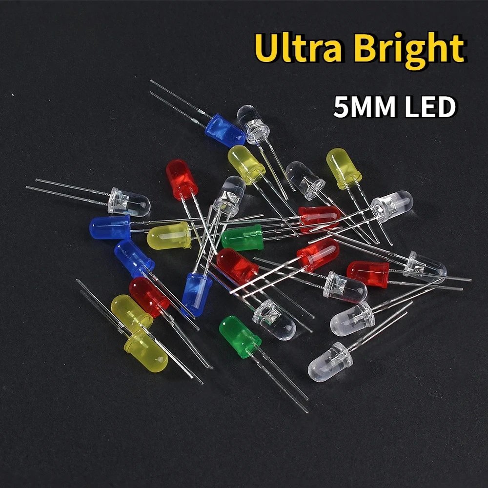 100pcs 5mm LED Diode F5 Ultra Bright Round LED Assortment Kit White Green Yellow Blue Red Light Emitting Diodes for Diy Kits