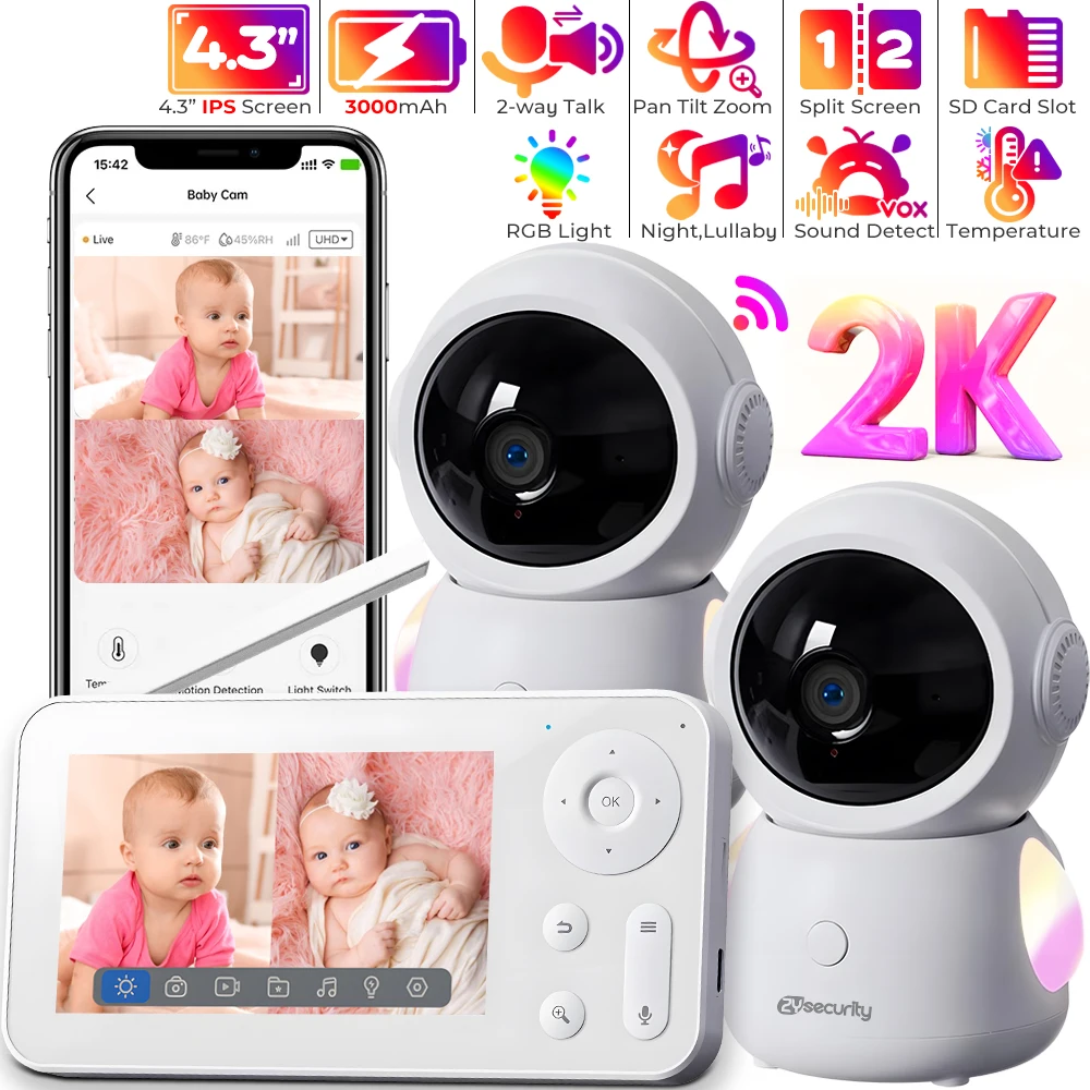 

2K Split-Screen WiFi Baby Monitor with 2 Cameras Baby Phone via APP Control PTZ Auto Tracking Baby Camera RGB Light SD Card Slot