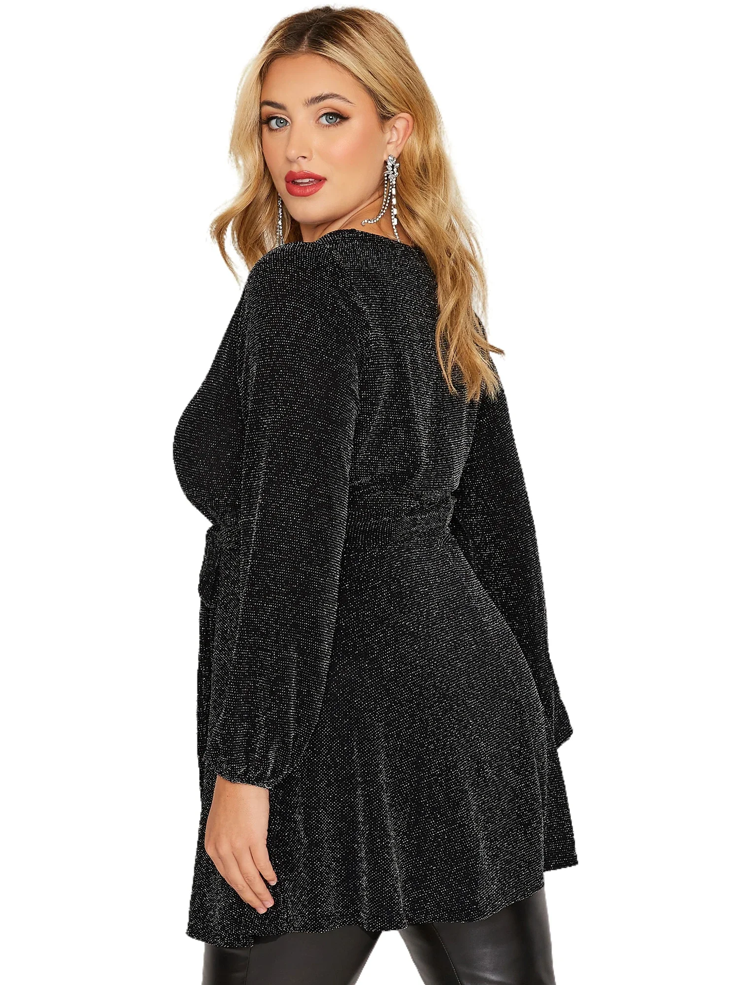 Plus Size Elegant Spring Autumn Wrap Top Women Long Sleeve Sexy V-neck Black Glitter Blouse Sashes Waist Plus Size Clothing 7XL