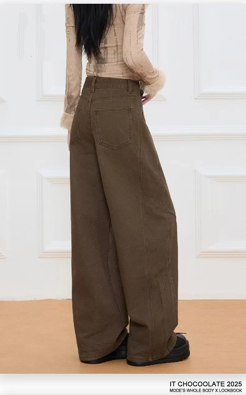 Celana jeans coklat melengkung bergaya retro Amerika yang serbaguna dan baru, cocok untuk pria dan wanita, celana longgar berkaki lebar bergaya Y2k Harajuku