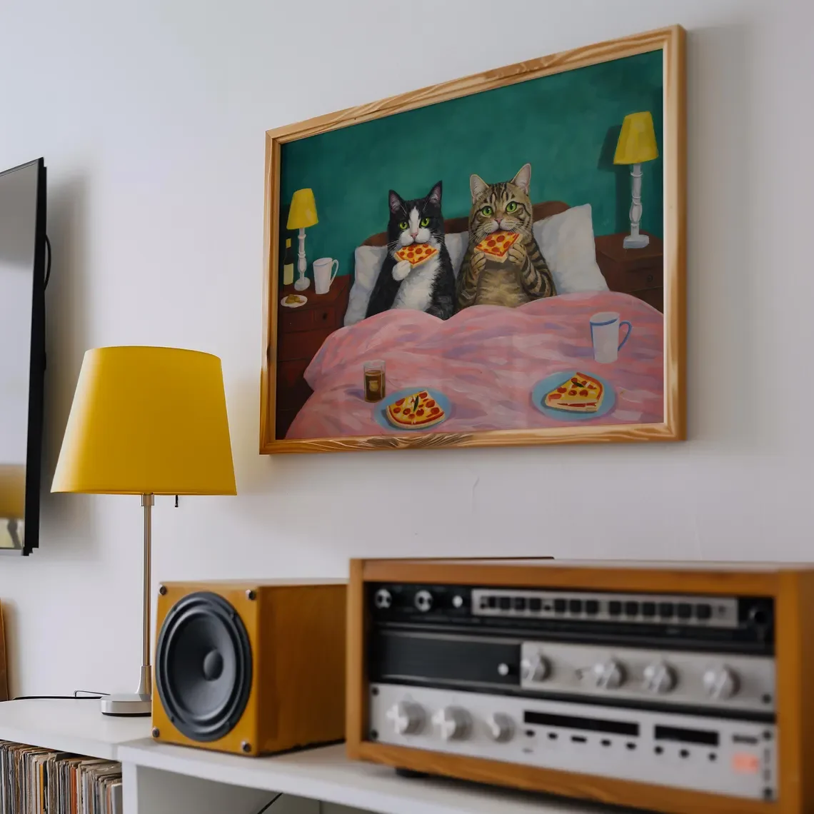 Cozy Pizza Night Cats Wall Art - Whimsical Print Celebrating Feline Comfort Food. The Rich Teal Backdrop and Soft Pink Bedding C image 3