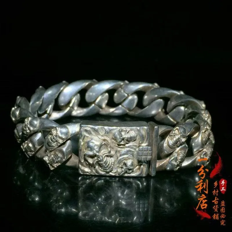 

Китайский старый тибетский серебряный изысканный браслет с черепом в стиле хип-хоп, индивидуальный тренд, мужские и женские модные подарки