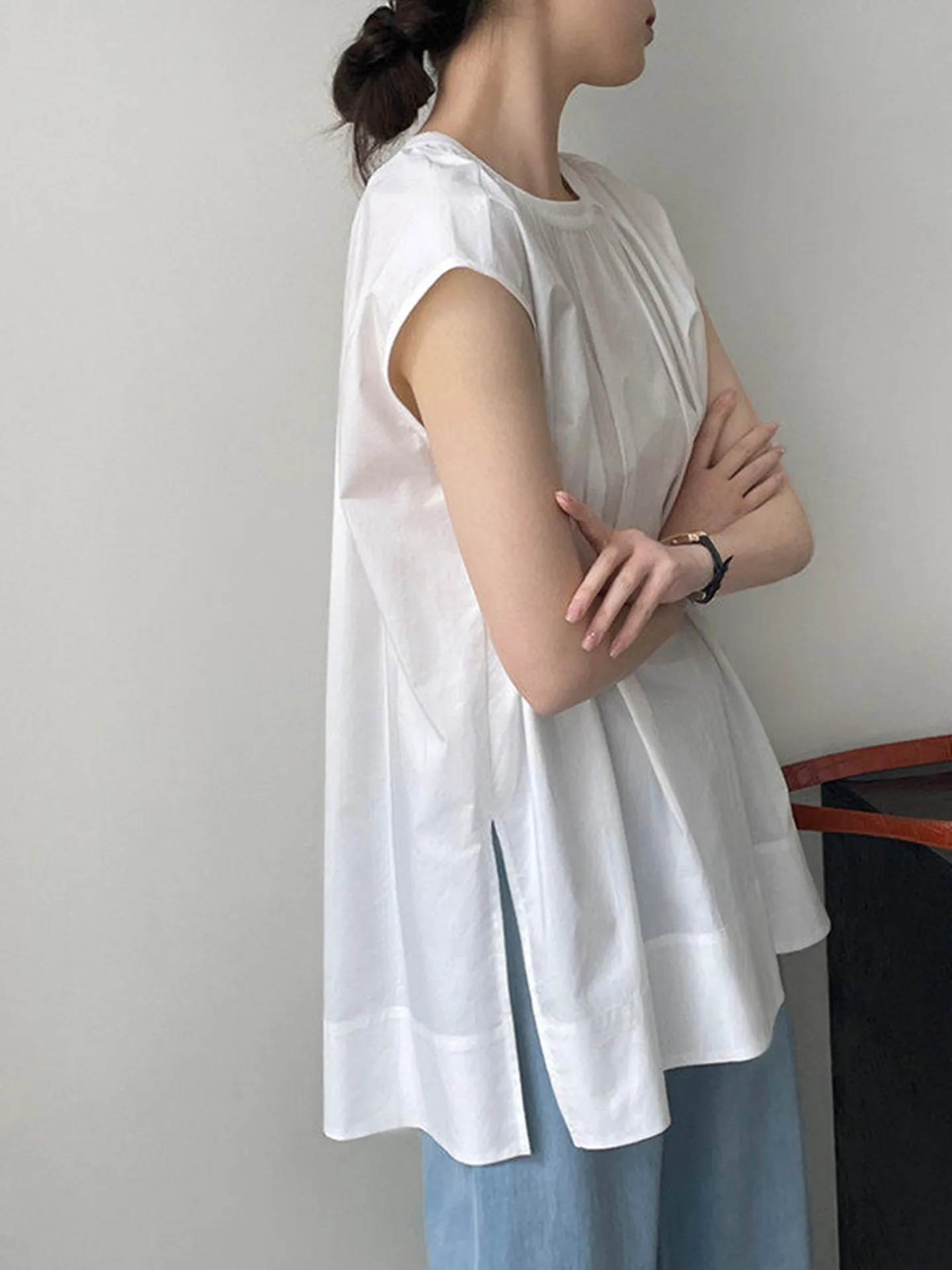 

Waed Cotton round Ne Svel Midi Pure Color European Sle irt Women's Korean Version Lazy Sle irt Summer 2025