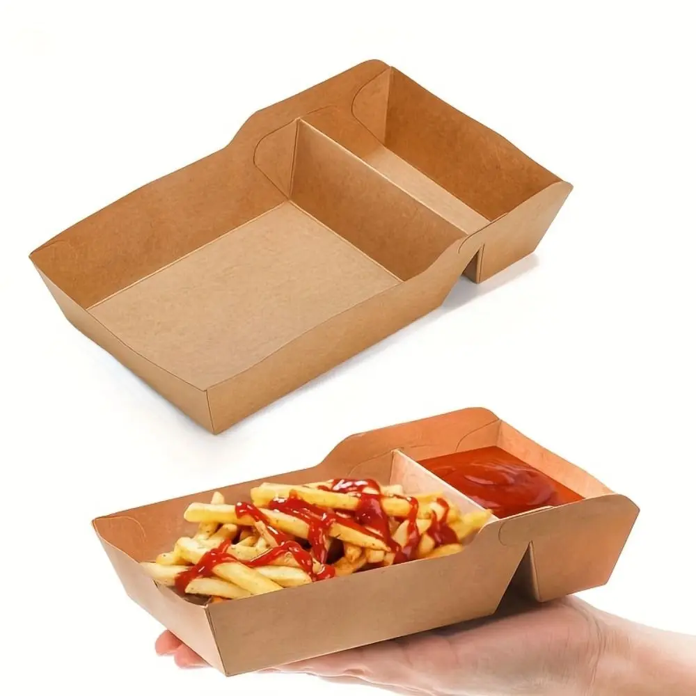 50Pcs Two Grids Disposable Food Serving Tray Eco-Friendly Heat Resistant Snack Fries Plate Sturdy Oil-proof Take Out Container
