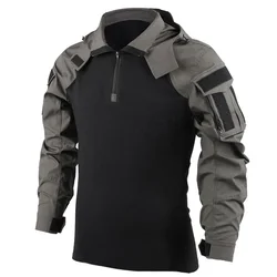 Outdoor Shirts Camo Combat T-Shirt Hooded Men Tactical Shirt Airsoft Paintball Cotton Hunting Clothing Wear-resisting
