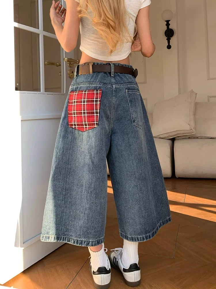 

Американские женские джинсы в клетку, широкие брюки с высокой талией, прямые штаны до колена, летние брюки