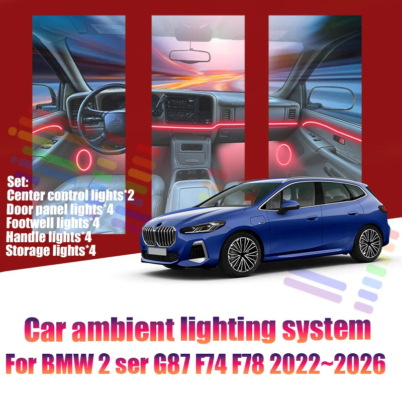 

For Bmw 2 Series G87 F74 F78 2022~2026 Car LED Ambient Lamps Colorful Atmosphere Lights AutoInterior Neon Strip 64 RGB Lighting