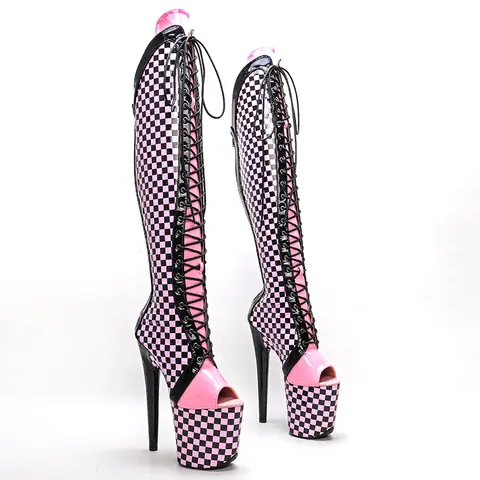 Leecabe 20CM/8인치 체크 무늬가 있는 새로운 트렌디 패션 특허 스트립 힐 파티 하이힐 폴 댄스 부츠